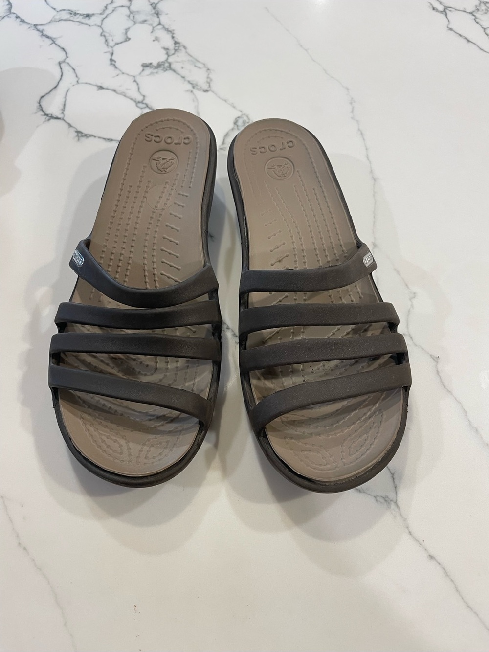 Crocs Rhonda Brown Wedge Slide On Strappy Sandals